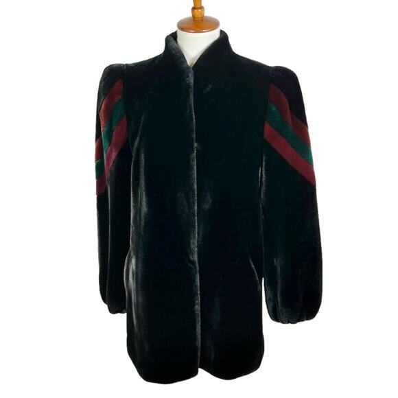 Vintage Borgazia Sasson 80’s Plush Black Faux Fur Coat w Colorful Accents SZ 10 - Picture 1 of 12